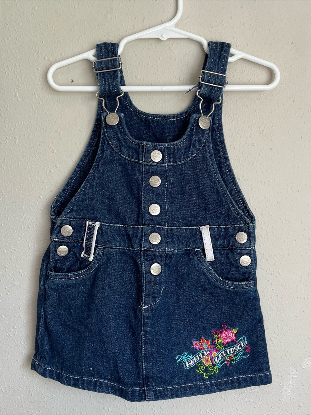 Y2K Harley Davidson Denim Kids Overall Dress with Floral Embroidery